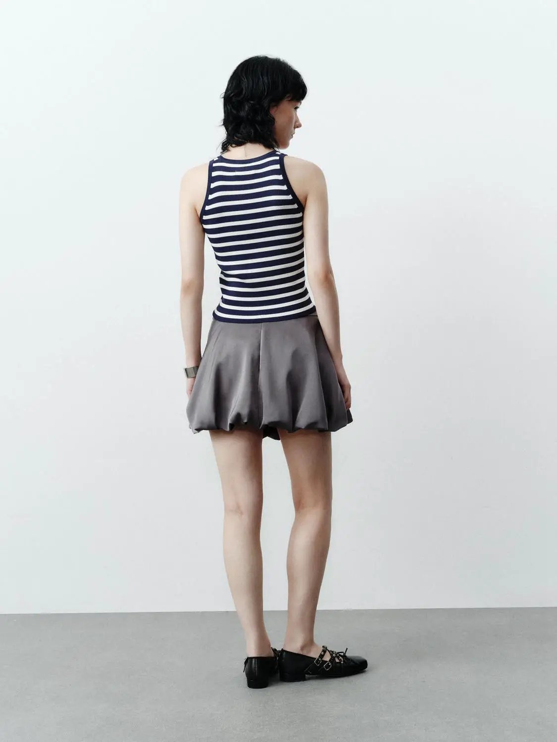 Elastic Waist Vertical Stripe Pleated Bubble Mini Skirt