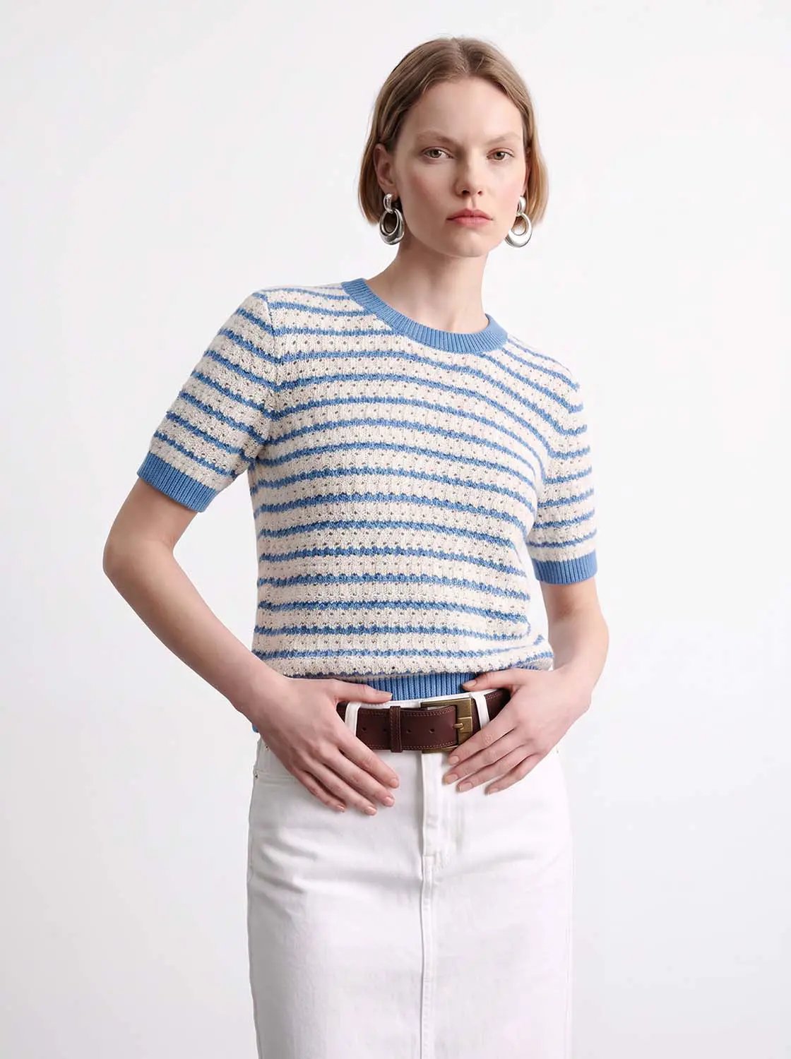 Cotton Striped Textured Knit Rib Trim T-Shirt