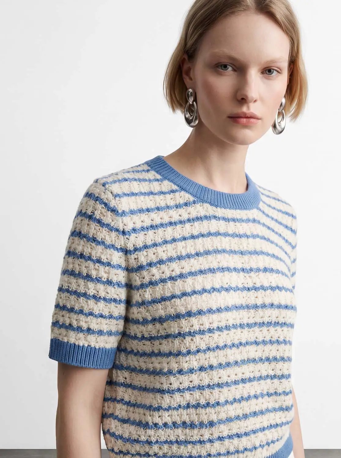 Cotton Striped Textured Knit Rib Trim T-Shirt