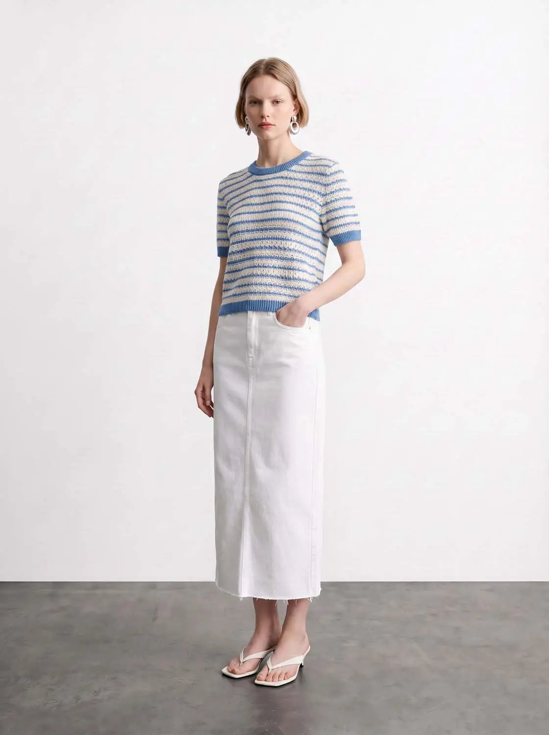 Cotton Striped Textured Knit Rib Trim T-Shirt