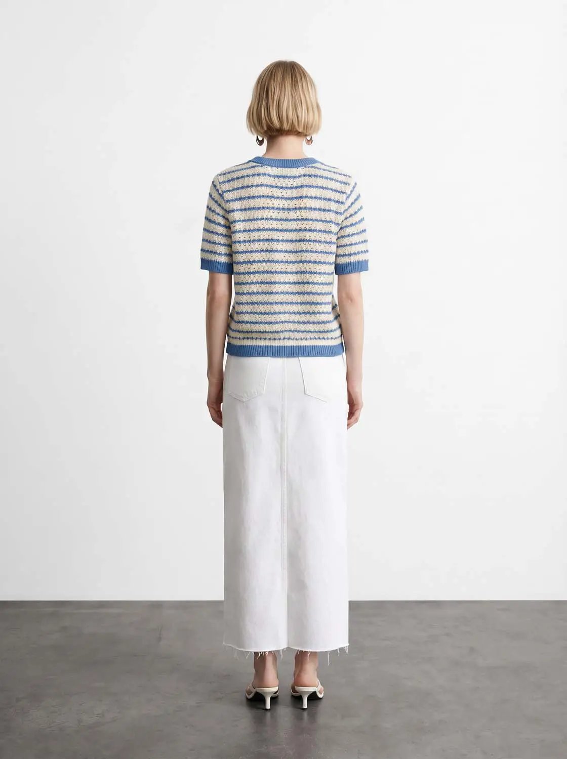 Cotton Striped Textured Knit Rib Trim T-Shirt