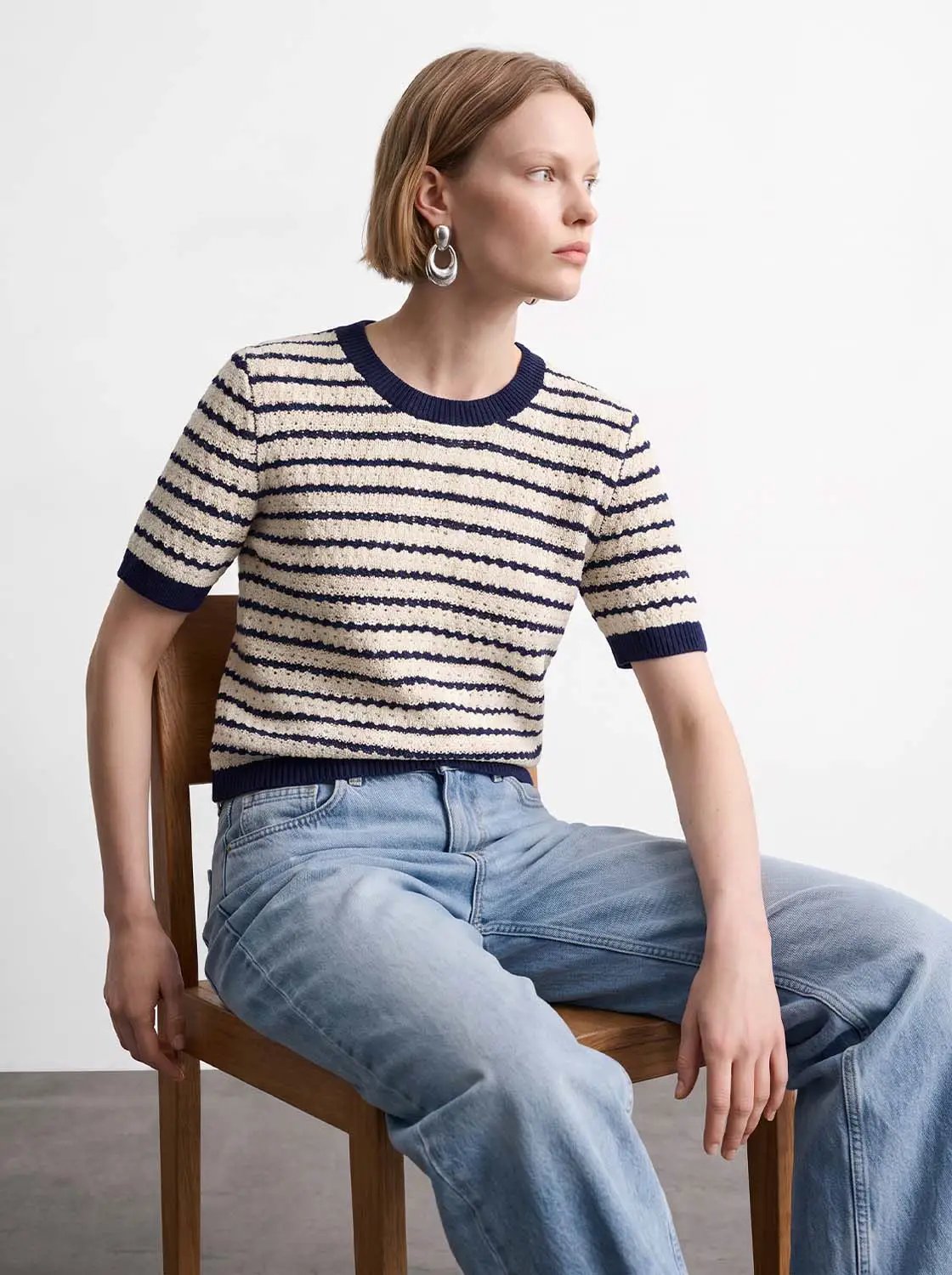 Cotton Striped Textured Knit Rib Trim T-Shirt