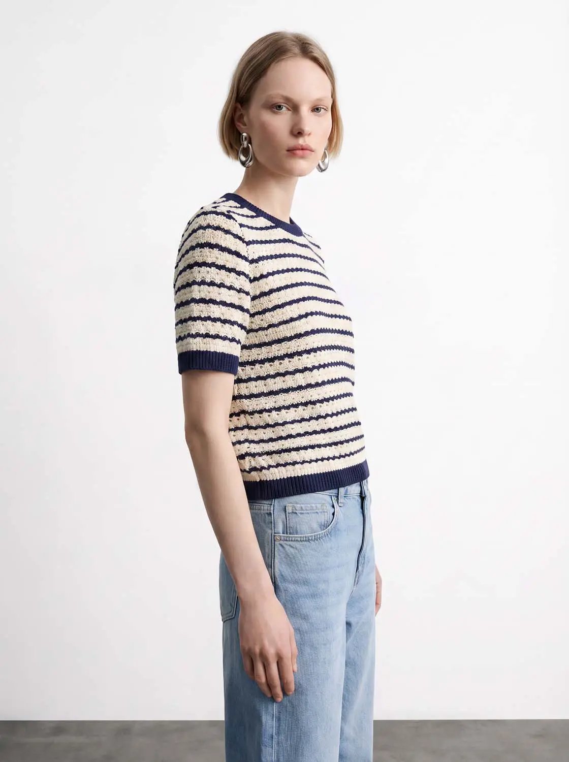 Cotton Striped Textured Knit Rib Trim T-Shirt