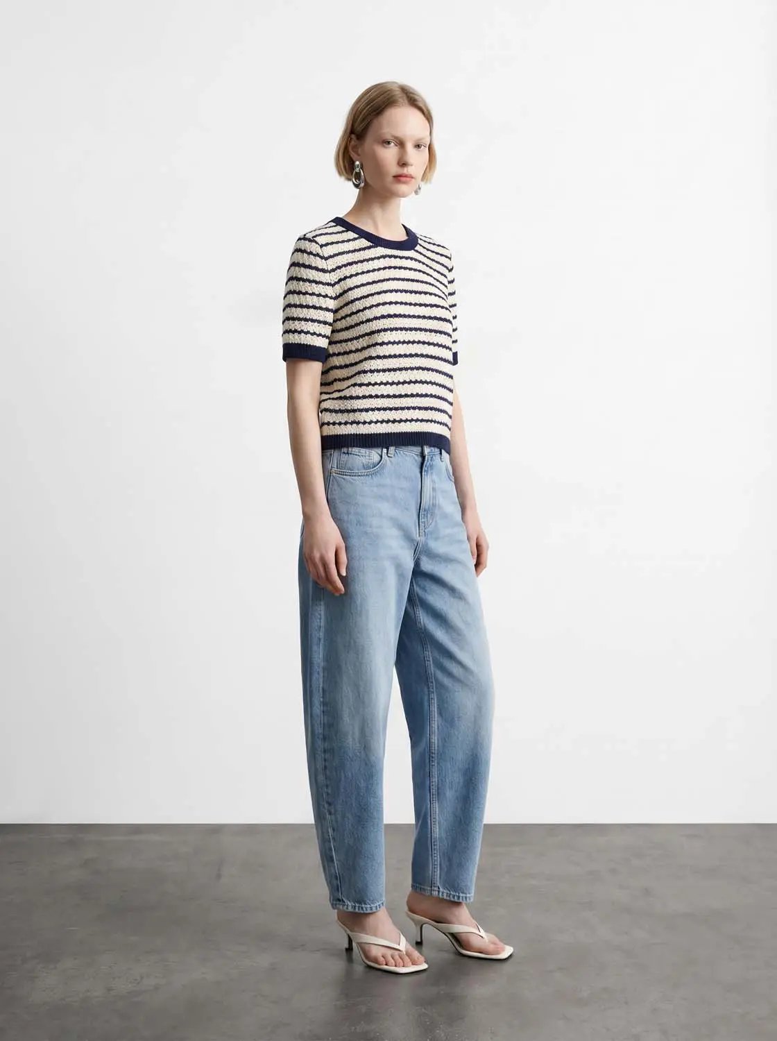 Cotton Striped Textured Knit Rib Trim T-Shirt
