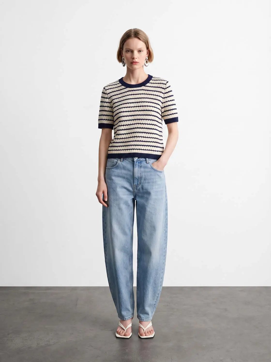 Cotton Striped Textured Knit Rib Trim T-Shirt