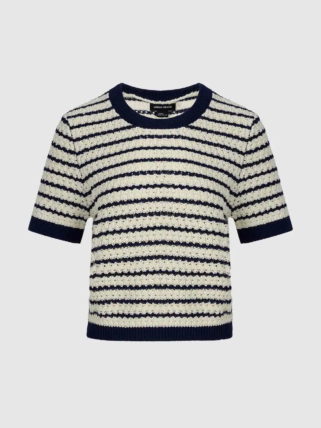 Cotton Striped Textured Knit Rib Trim T-Shirt