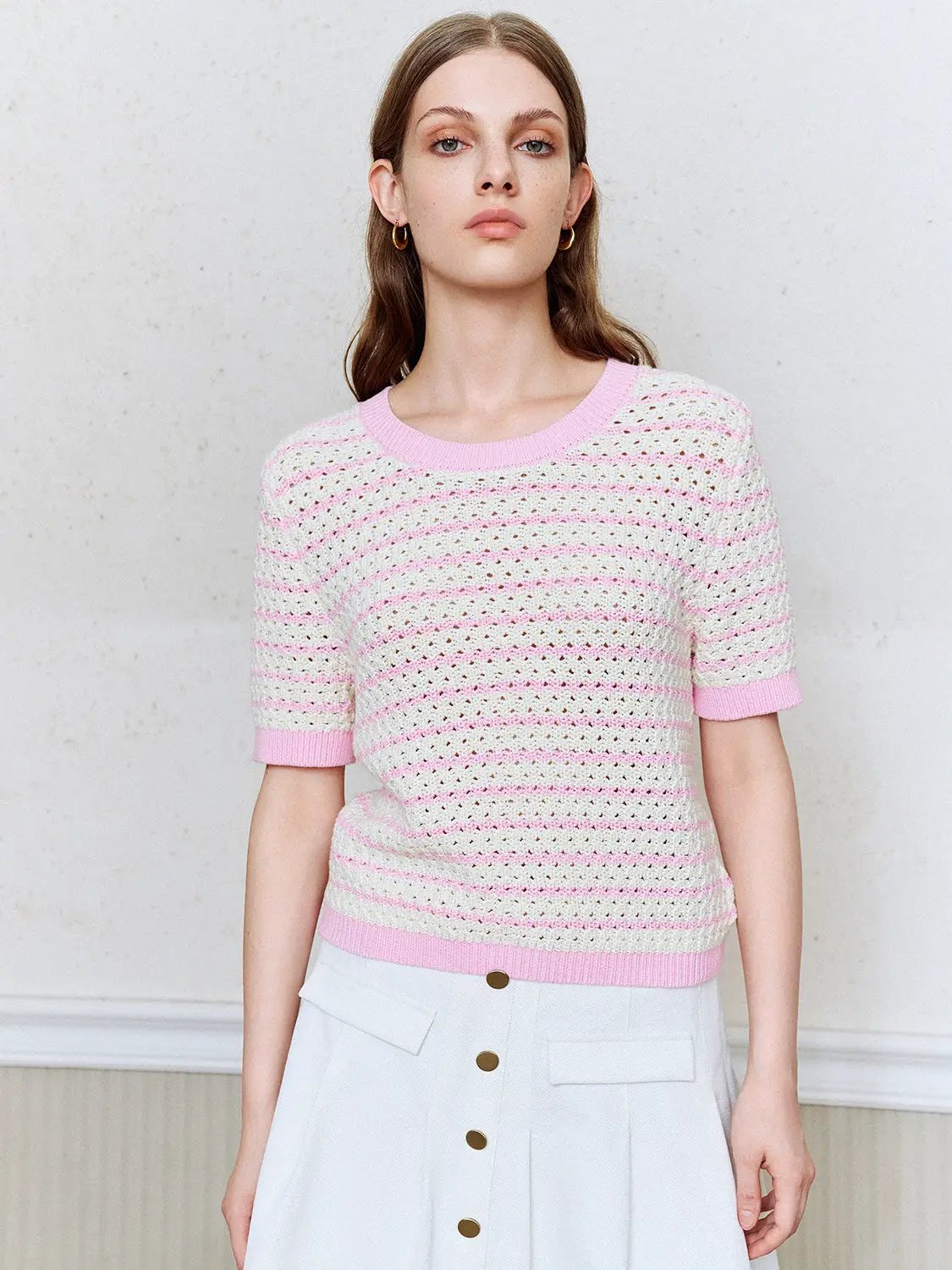 Cotton Striped Textured Knit Rib Trim T-Shirt