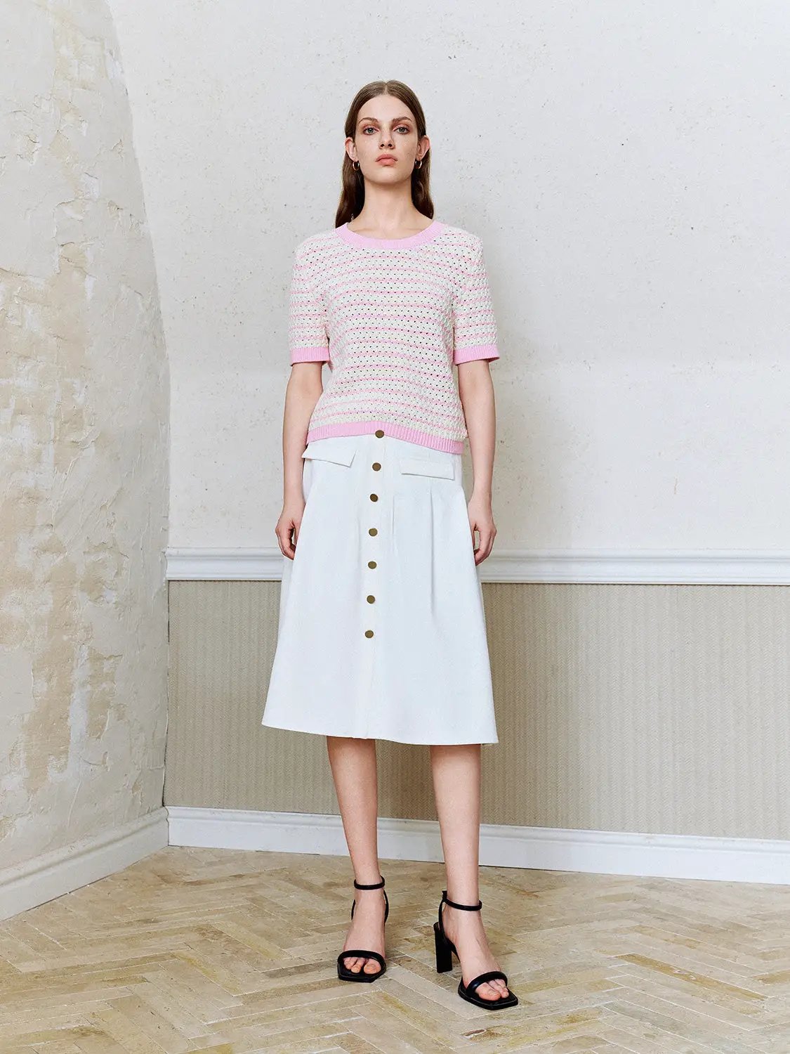 Cotton Striped Textured Knit Rib Trim T-Shirt