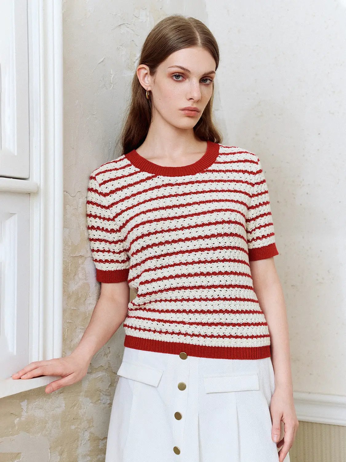 Cotton Striped Textured Knit Rib Trim T-Shirt