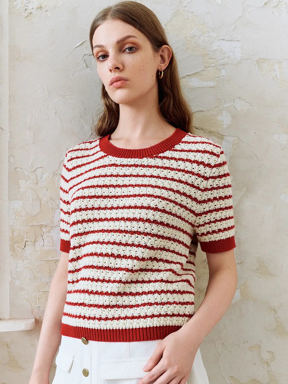 Cotton Striped Textured Knit Rib Trim T-Shirt