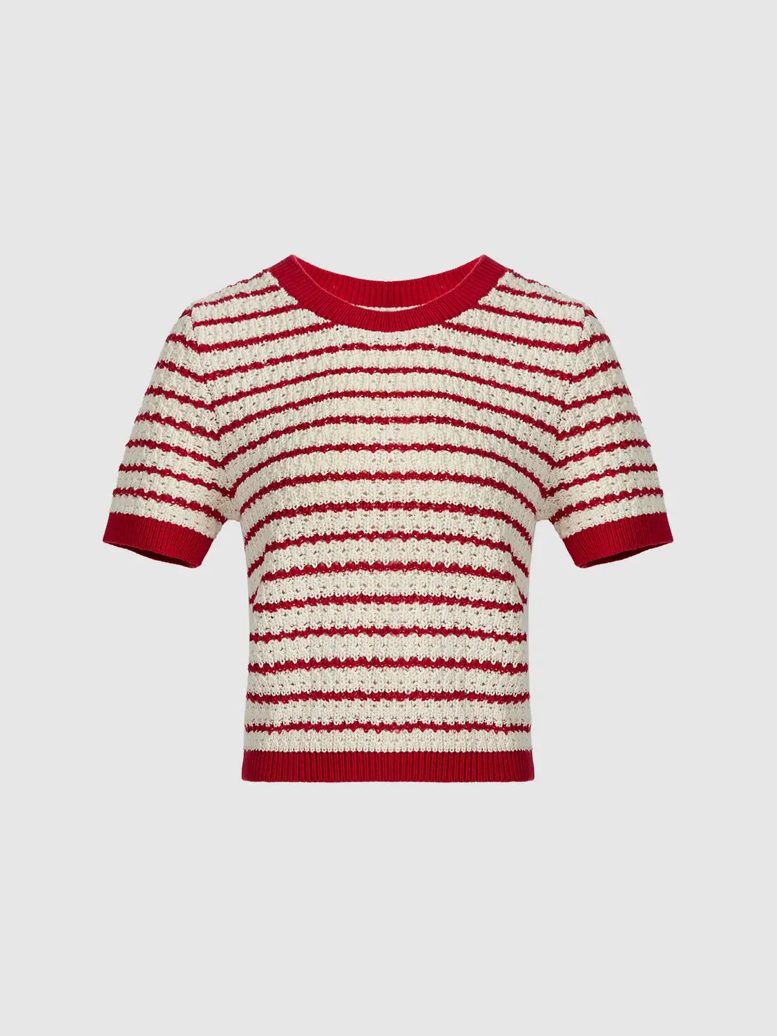 Cotton Striped Textured Knit Rib Trim T-Shirt