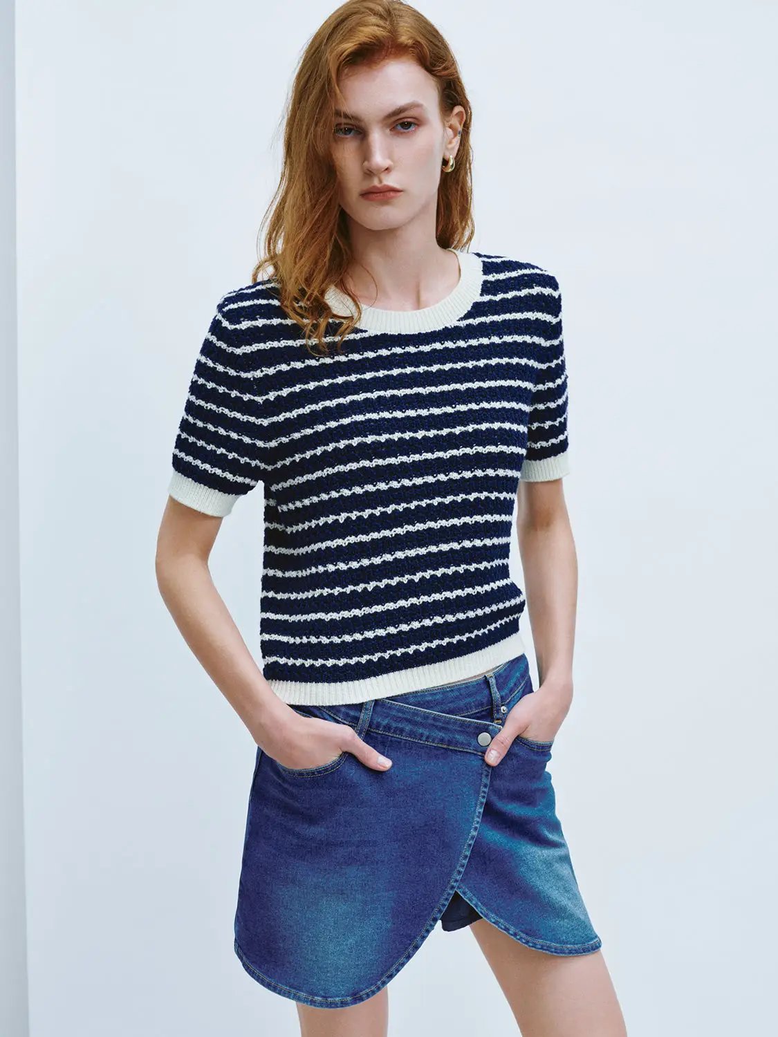 Cotton Striped Textured Knit Rib Trim T-Shirt