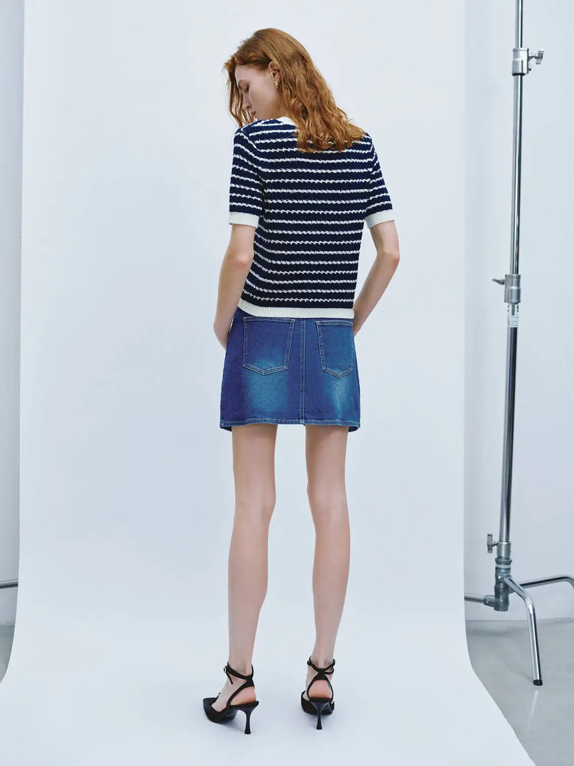 Cotton Striped Textured Knit Rib Trim T-Shirt