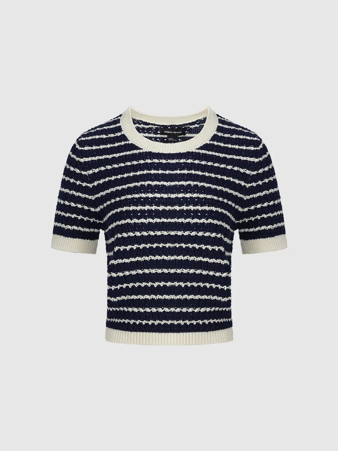 Cotton Striped Textured Knit Rib Trim T-Shirt