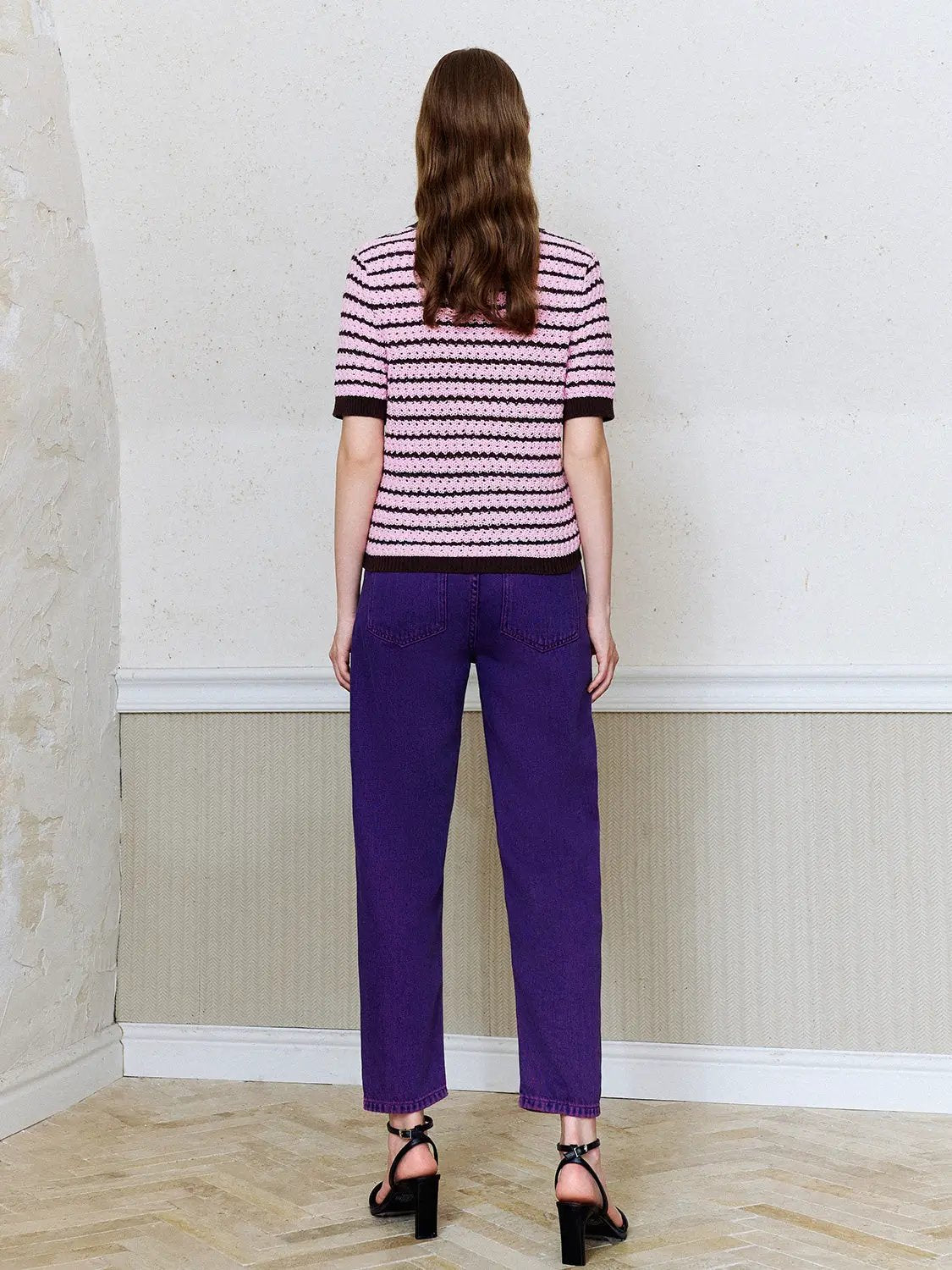 Cotton Striped Textured Knit Rib Trim T-Shirt