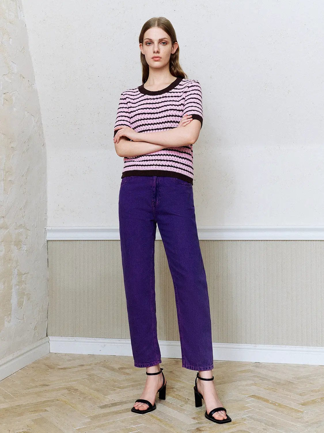 Cotton Striped Textured Knit Rib Trim T-Shirt
