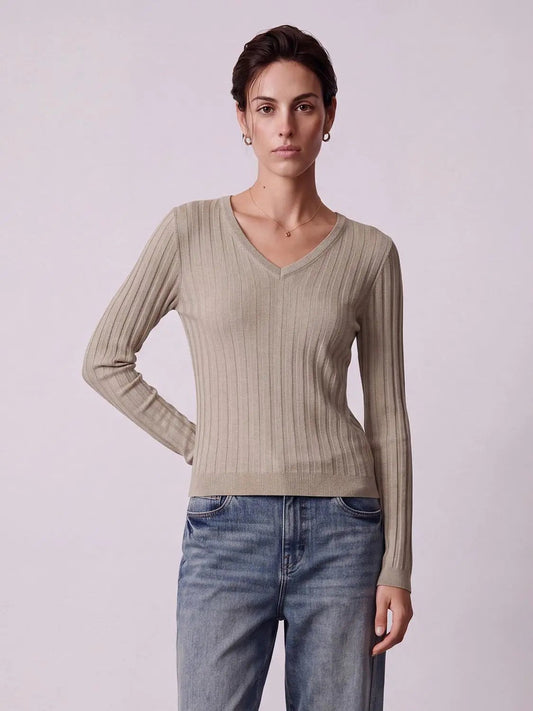 Rib Knit V-Neck Long Sleeve T-Shirts