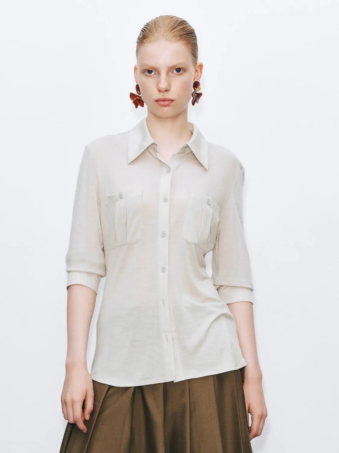 Point Collar Two Chest Pockets Long Sleeve Shirt