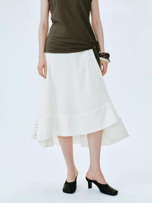 Asymmetric Hem Pleated Paneled A-Line Midi Skirt