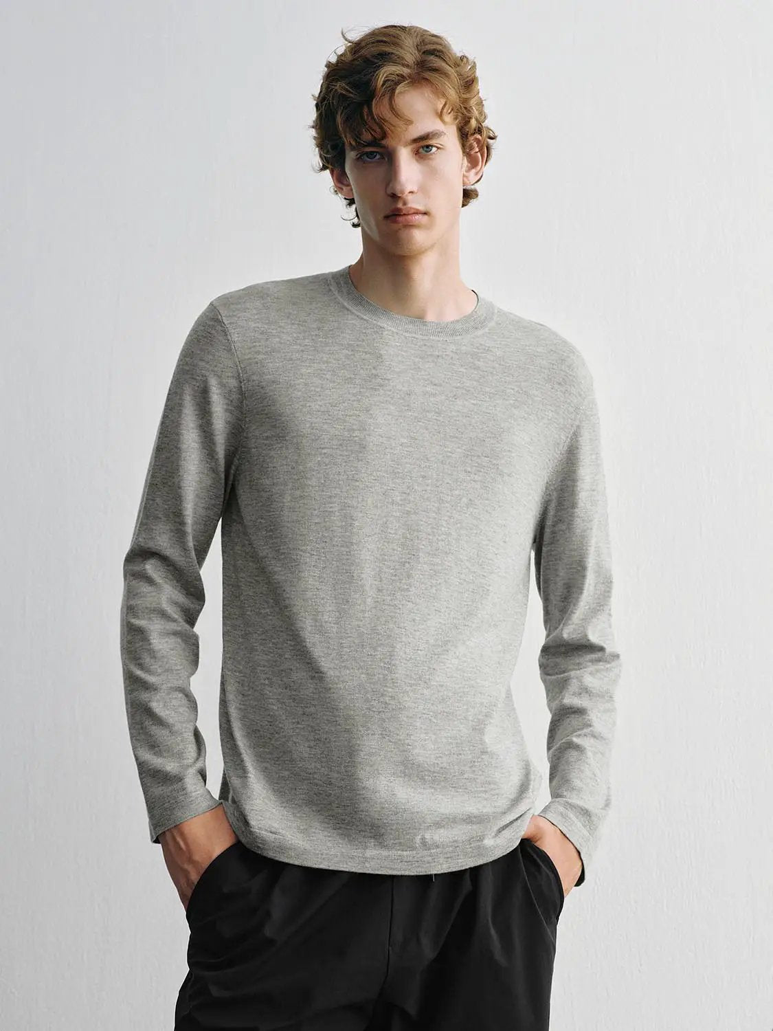Solid Knit Crew Neck Long Sleeve Regular Fit T-Shirt