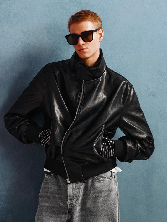 Zipper Front Ribbed Long Sleeve Faux Leather Jacket