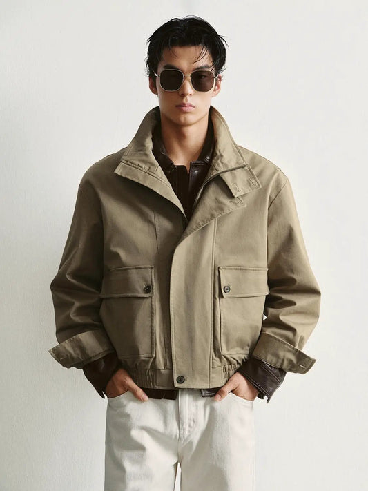 Utility Stand Collar Elastic Hem Cotton Long Sleeve Jacket