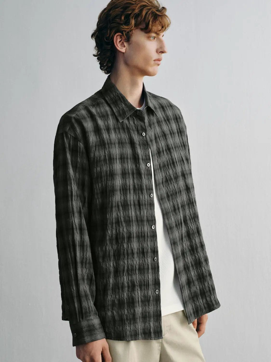 Textured Checked Cotton Long Sleeve Shirt