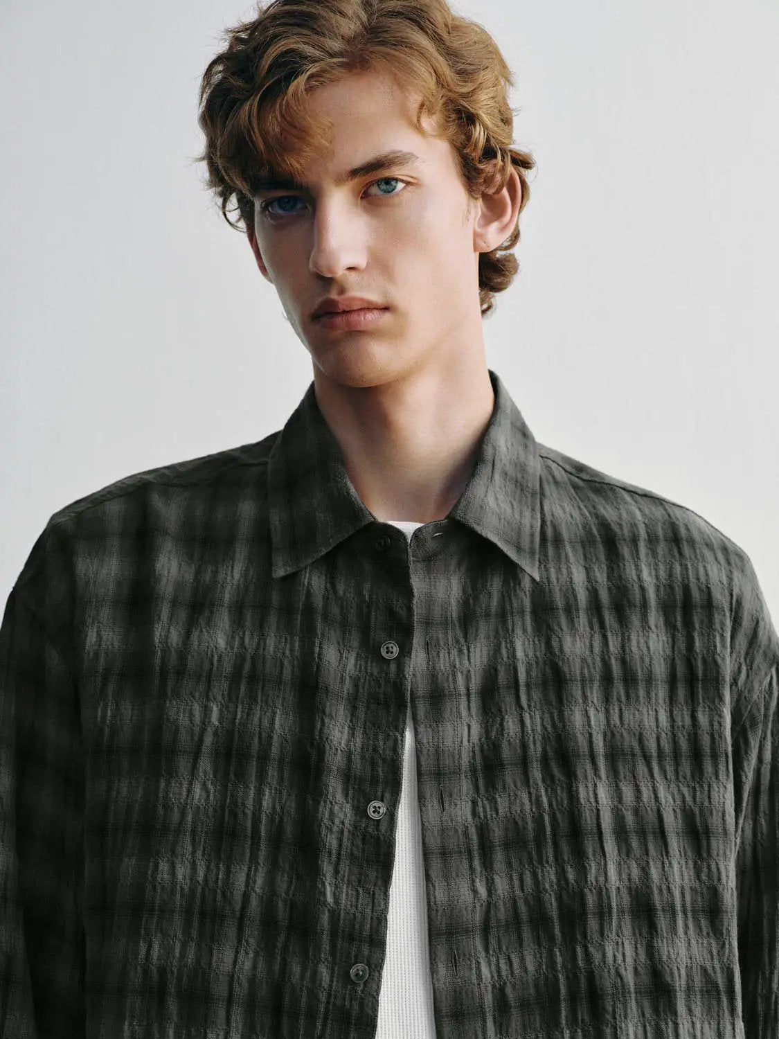 Textured Checked Cotton Long Sleeve Shirt