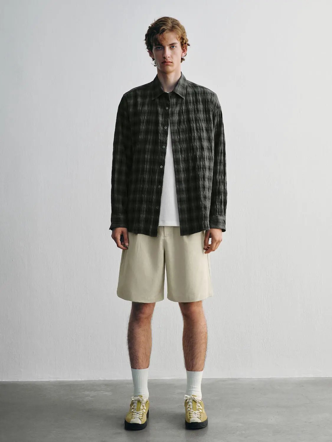 Textured Checked Cotton Long Sleeve Shirt