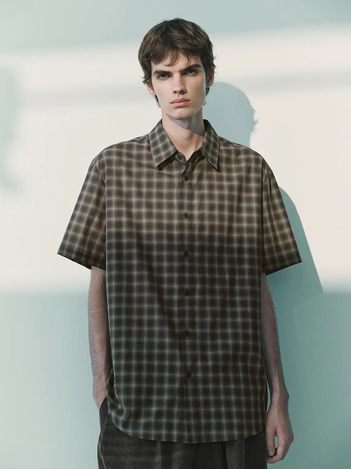 Checked Oversized Shirt Collar Short Sleeve Cotton Shirt