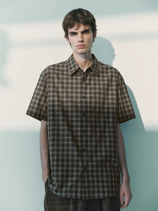 Checked Oversized Shirt Collar Short Sleeve Cotton Shirt