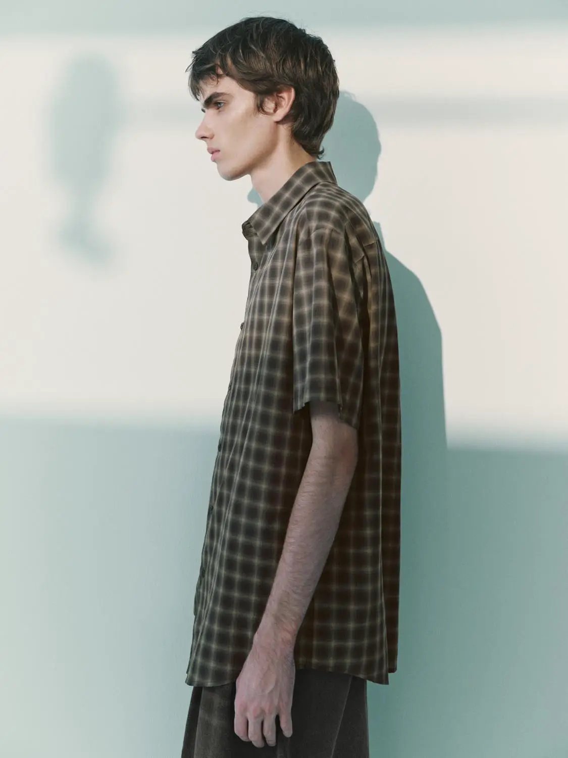 Checked Oversized Shirt Collar Short Sleeve Cotton Shirt