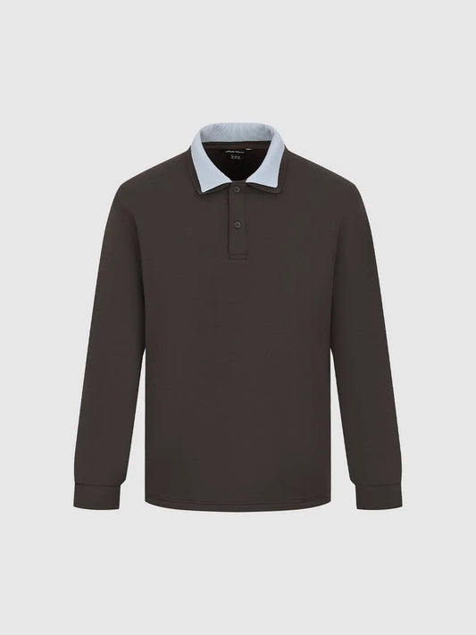 Contrast Collar Button Placket Long Sleeve Polo Shirt