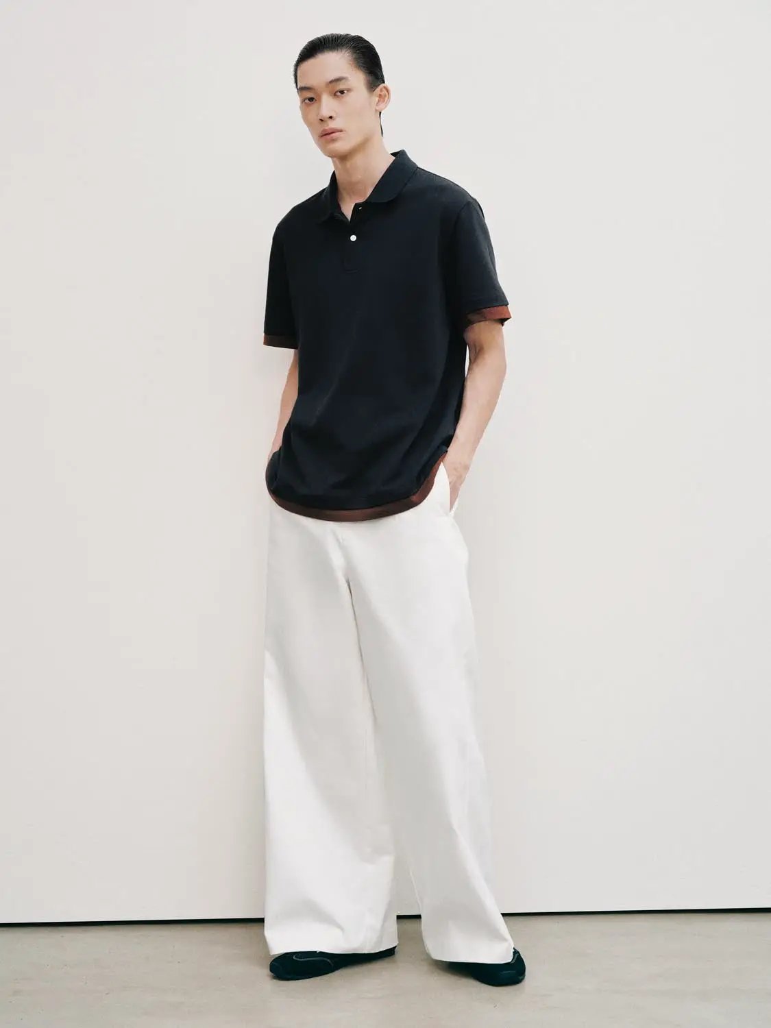 Polo Collar With Brown Sleeve Trim Cotton Shirt