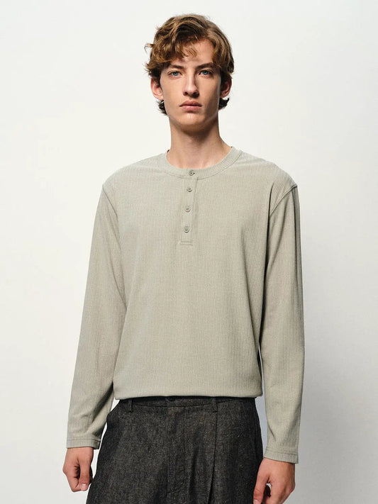 Ribbed Button Crew Neck Long Sleeve T-Shirt