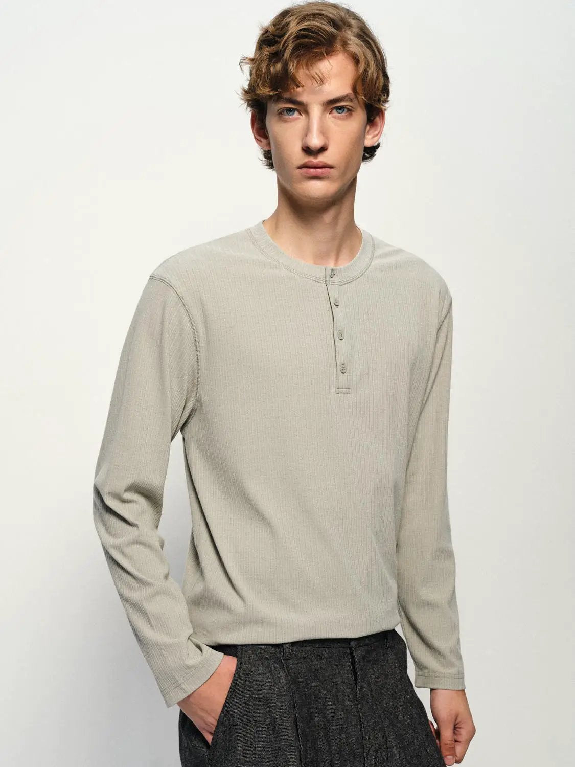 Ribbed Button Crew Neck Long Sleeve T-Shirt