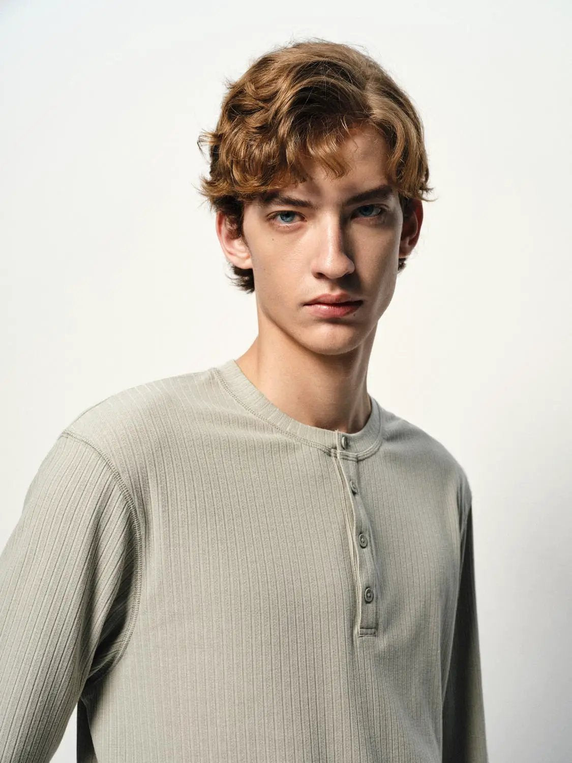 Ribbed Button Crew Neck Long Sleeve T-Shirt