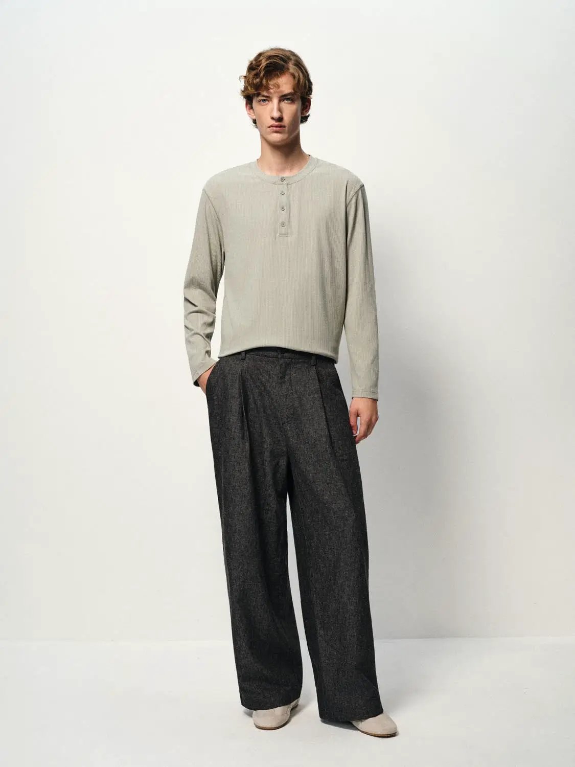 Ribbed Button Crew Neck Long Sleeve T-Shirt