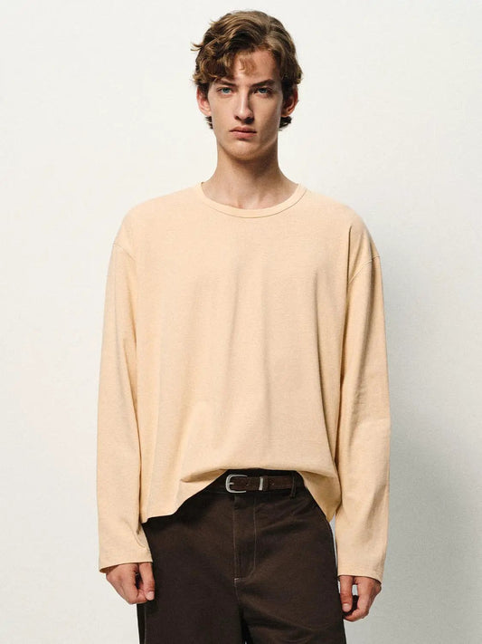 Textured Boxy Crew Neck Long Sleeve Cotton Blend T-Shirt