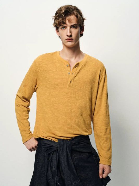 Textured Button Placket Long Sleeve T-Shirt
