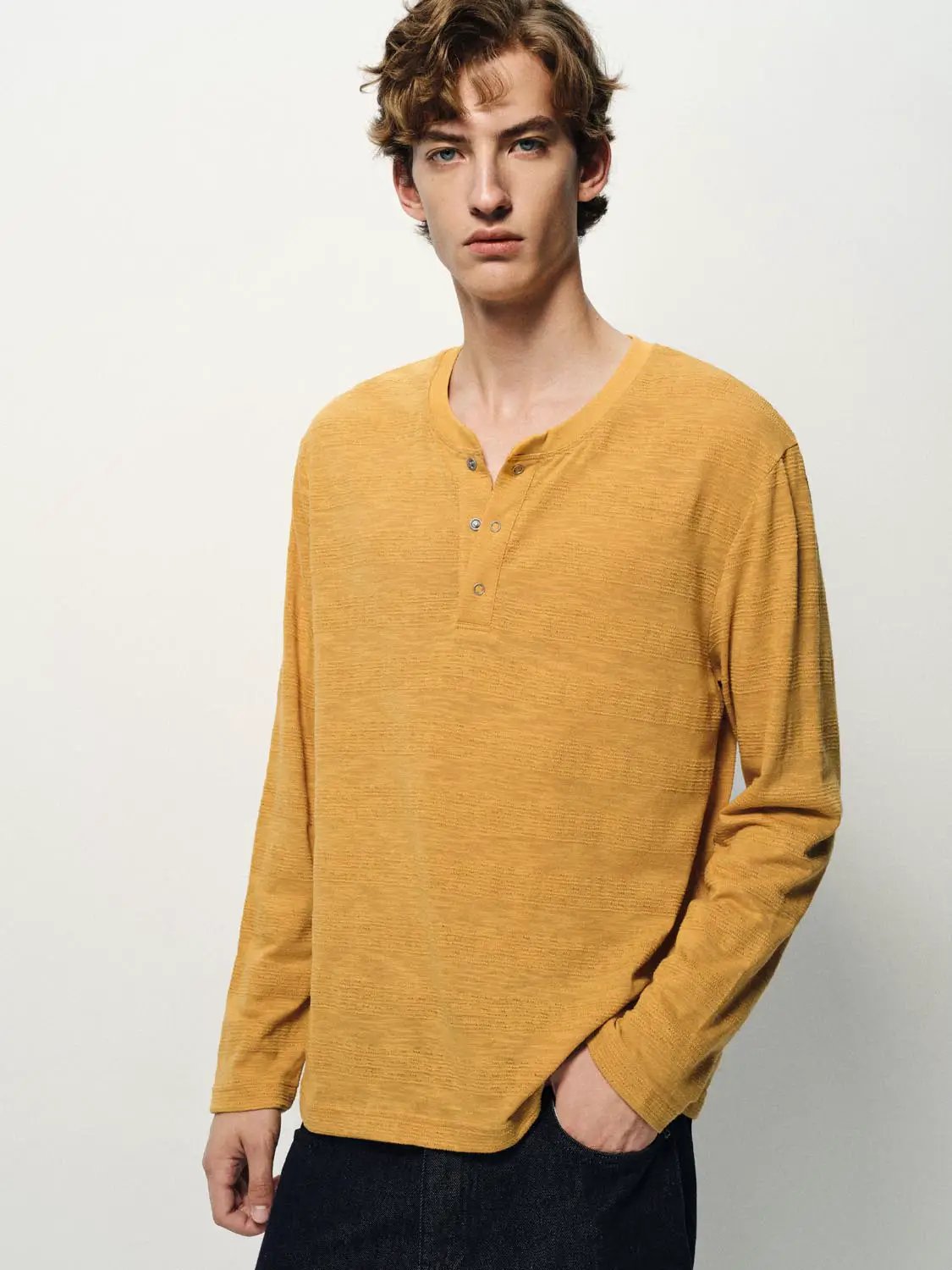 Textured Button Placket Long Sleeve T-Shirt