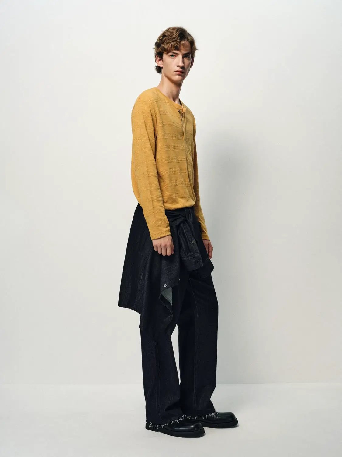 Textured Button Placket Long Sleeve T-Shirt