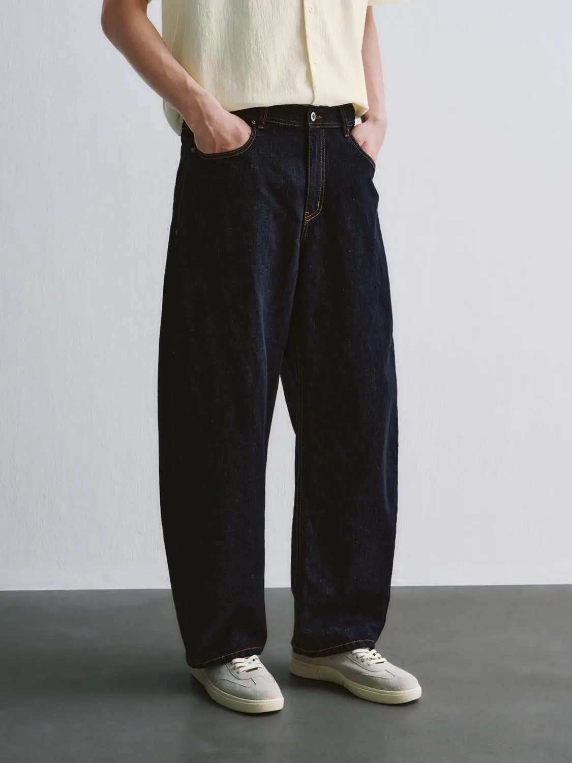 Linen Textured Weave Wide-Leg Cotton Jeans