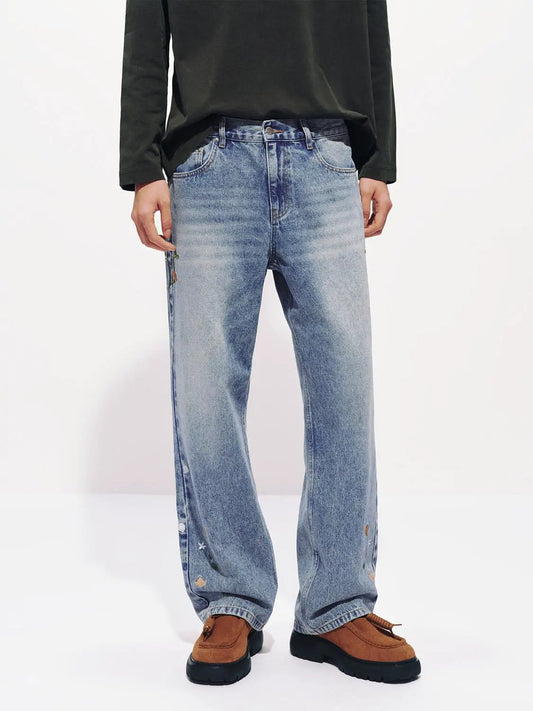 Embroidered Floral Faded Wash Wide-leg Cotton Jeans