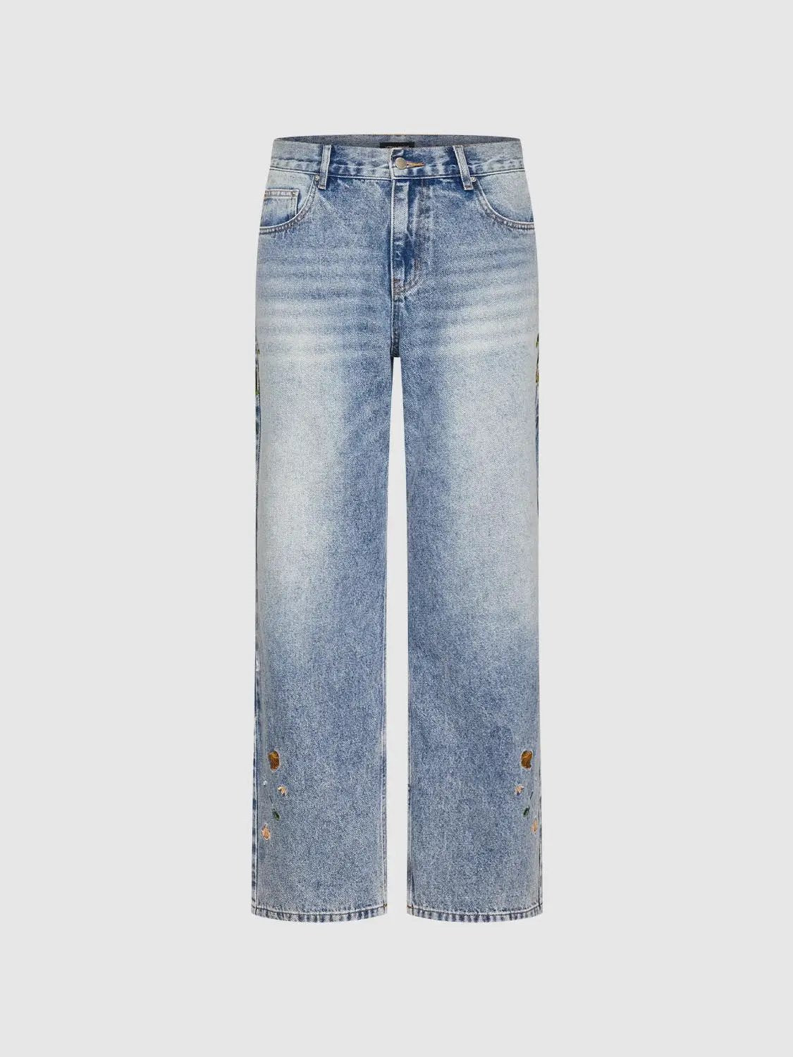 Embroidered Floral Faded Wash Wide-leg Cotton Jeans