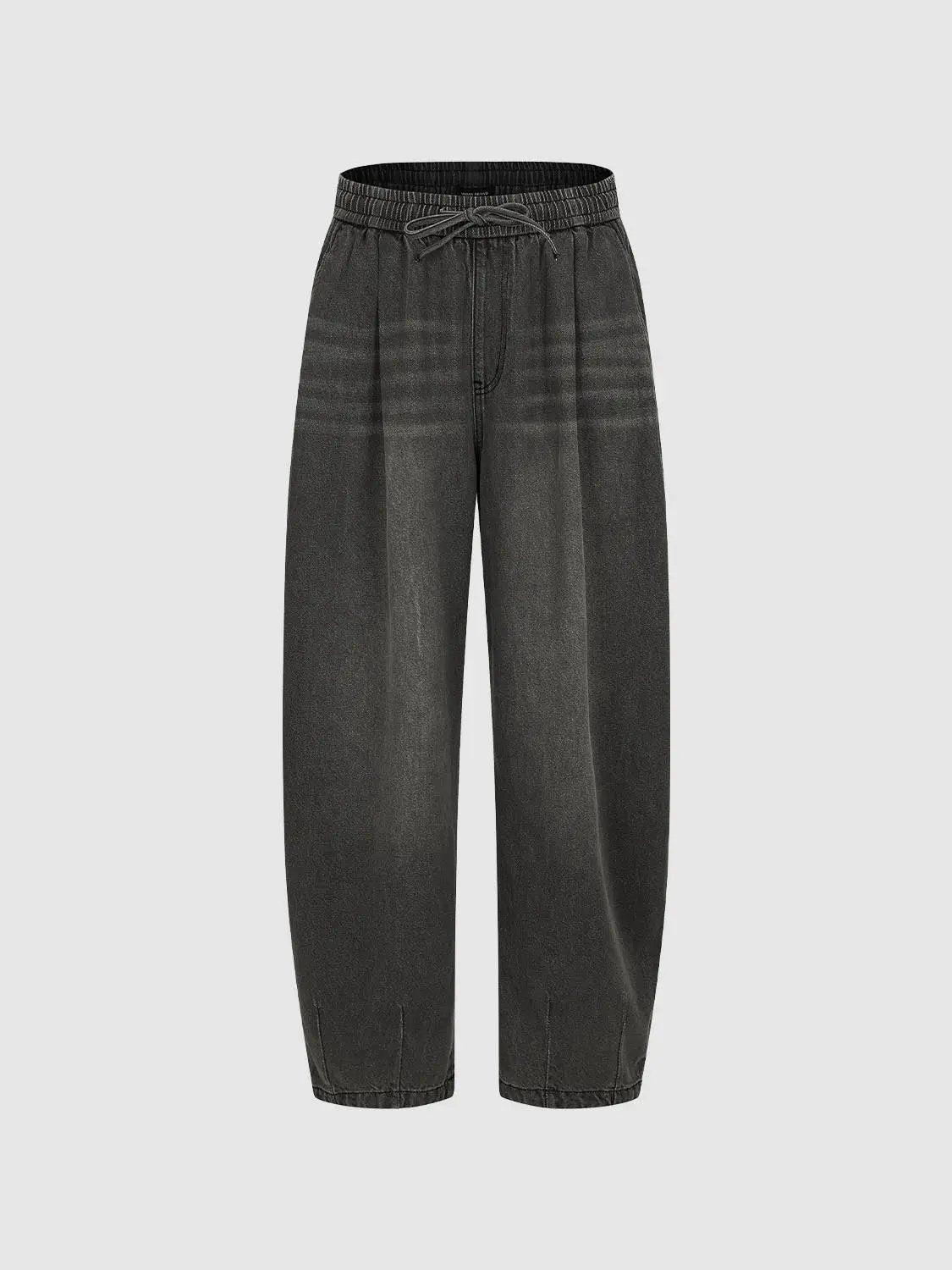 Drawstring Checked Cotton Blend Wide-leg Jeans