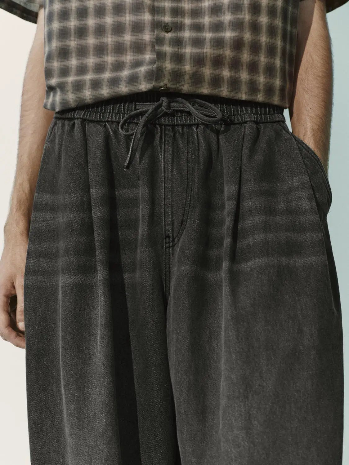 Drawstring Checked Cotton Blend Wide-leg Jeans