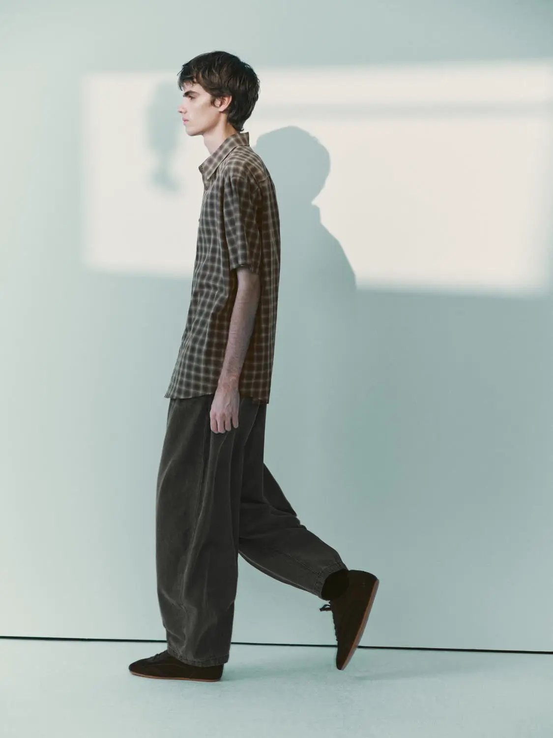 Drawstring Checked Cotton Blend Wide-leg Jeans