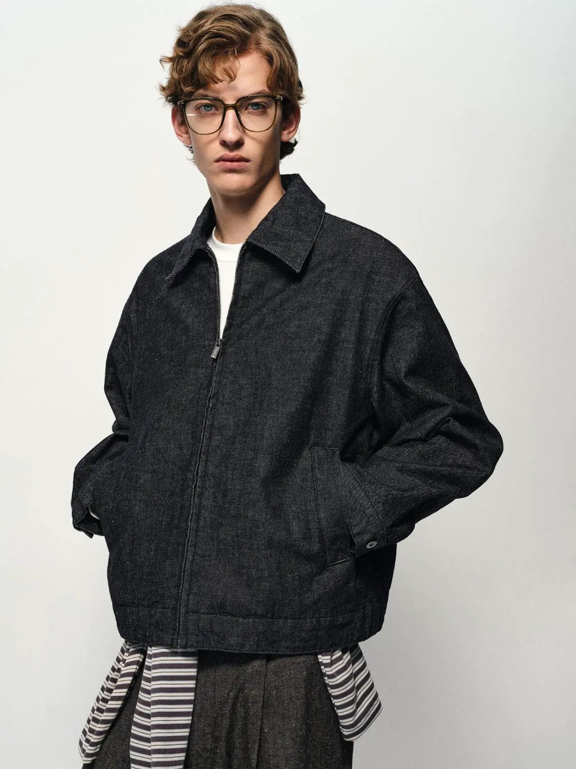 Charcoal Cropped Boxy Zip-Front Long Sleeve Denim Jacket