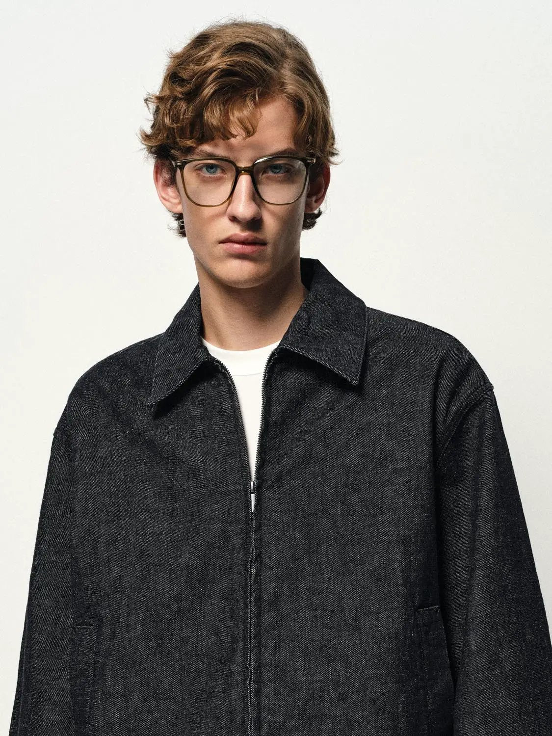 Charcoal Cropped Boxy Zip-Front Long Sleeve Denim Jacket